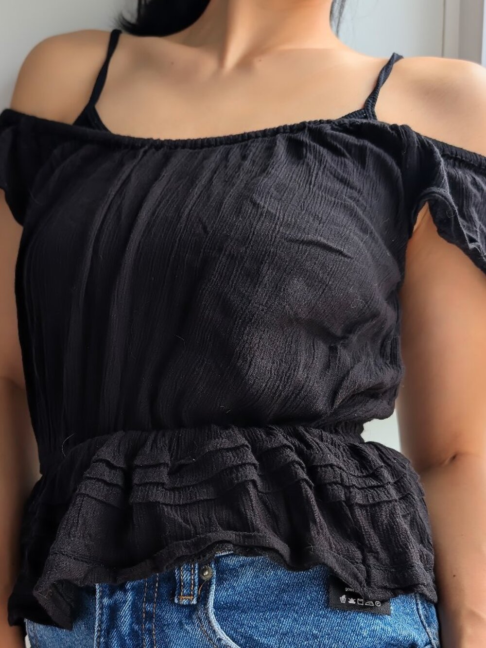 Black Ruffle Off-Shoulder Peplum Tank Top